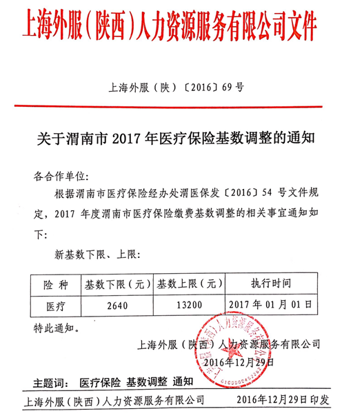 渭南市2017年最新社保基数通告